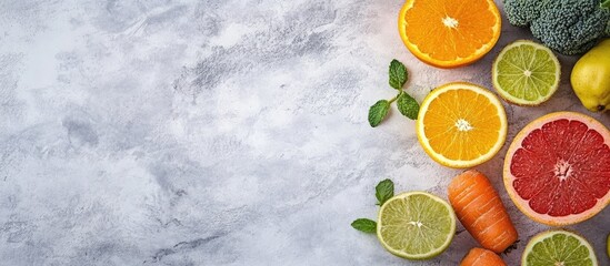 Poster - Vibrant assortment of fresh oranges limes grapefruits and carrots on a textured gray background promoting healthy eating and nutrition concepts