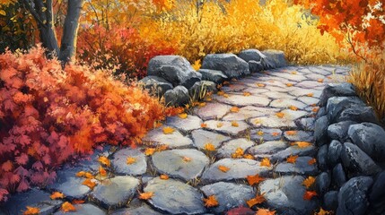 Poster - Vibrant autumn leaves in rich oranges and reds adorning a textured stone pathway amidst a picturesque landscape filled with golden foliage.