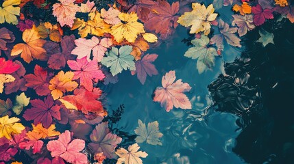 Poster - Colorful Autumn Leaves Floating on Clear Reflective Water in Tranquil Pool Surrounded by Nature's Beauty in Warm Earthy Tones