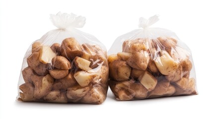 Aufkleber - Bags of fresh potato tubers isolated on a clean white background for food and agricultural concepts