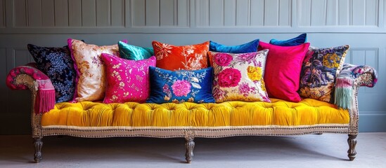 Poster - Colorful pillows on a stylish sofa creating a vibrant interior decor inspiration for modern living spaces