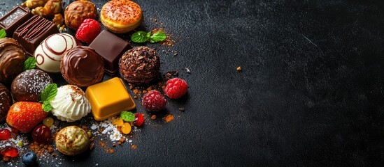 Aufkleber - Assortment of colorful gourmet chocolates and sweets on a textured dark surface with ample space for creative text placement.