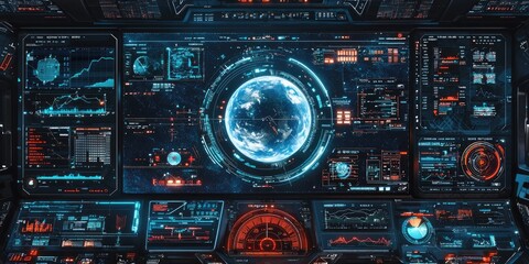 Poster - A futuristic space exploration interface with holographic overlays, orbit simulations, and real-time data streams.