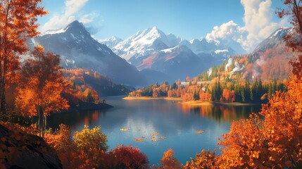 Aufkleber - Vibrant autumn landscape showcasing a serene lake surrounded by colorful orange and red foliage with majestic snow-capped mountains in the background