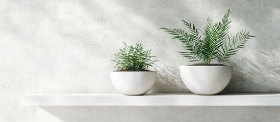 Poster - Minimalist concrete planters with greenery on a white shelf showcasing modern home decor aesthetic and simplicity in design.