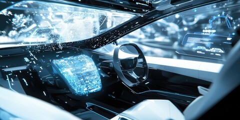 Poster - A futuristic transportation interface with dynamic routes, real-time traffic data, and interactive controls for smart urban mobility.