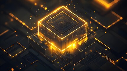 Poster - Futuristic Abstract Golden Cube with Glowing Lights and Sparkles