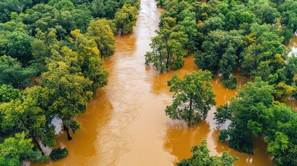 Poster - Flooded forest landscape with muddy river during rainy season showcasing overflowing water and lush greenery along riverbank