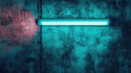 Leinwandbilder - Turquoise neon light against textured wall creating a vibrant banner effect in atmospheric nighttime setting