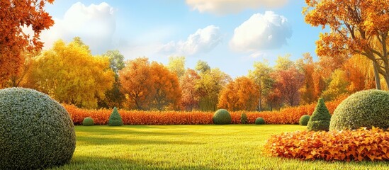 Poster - Vibrant Autumn Landscape Featuring Green Topiary Sculptures Amongst Golden and Orange Foliage Under a Clear Blue Sky with Blank Text Space