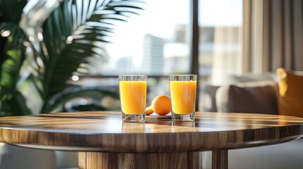 Poster - Refreshing orange juice glasses on a stylish wooden table with a cozy interior setting and natural light accentuating the vibrant colors