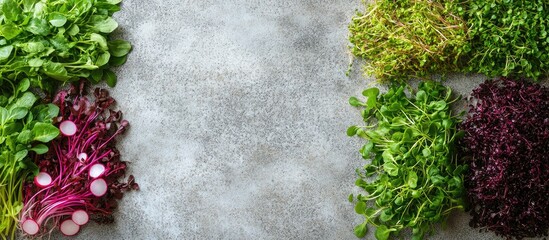 Aufkleber - Vibrant assortment of fresh microgreens including radish greens, basil, and amaranth on grey stone countertop in modern kitchen setting with ample space for text