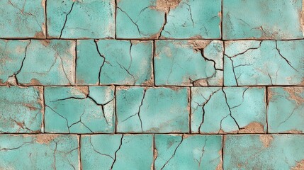 Leinwandbilder - Turquoise Blue Concrete Tile Texture Featuring Cracked Brown Grout in an Aged Urban Design