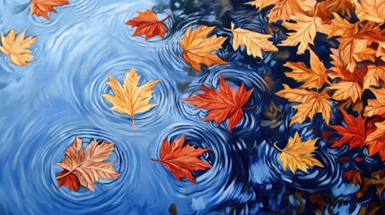 Poster - Vibrant orange and yellow autumn leaves gently floating on serene blue water surface with ripples in a tranquil natural setting.