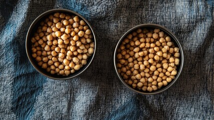 Poster - Two black cans filled with chickpeas on a textured blue and gray fabric backdrop showcasing organic ingredients for healthy cooking.