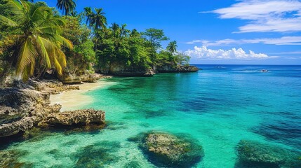 Aufkleber - Serene Tropical Shoreline with Crystal Clear Waters and Lush Greenery Under a Bright Blue Sky
