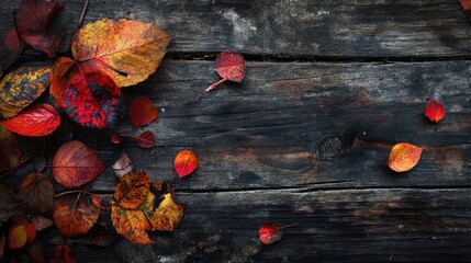 Poster - Autumn Leaves in Shades of Red and Orange on Rustic Wooden Surface for Halloween Decor and Seasonal Mood Enhancement