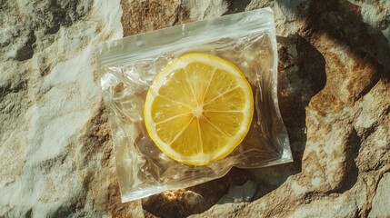 Aufkleber - Aesthetic lemon slice packaged in transparent pouch on textured stone background creating a refreshing summer beverage concept with vibrant yellow and natural hues.