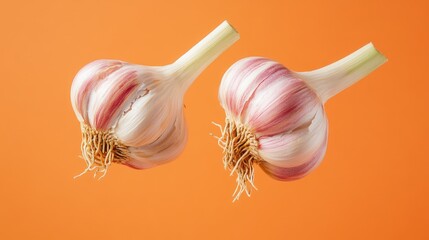 Aufkleber - Two Plump Aged Garlic Bulbs Displayed Against a Bright Orange Background with Detailed Textures and Colors