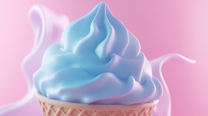 Poster - Stylized blue ice cream swirl in waffle cone with pastel pink background Ideal for evening party themes and dessert promotions