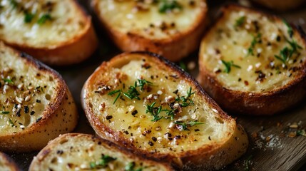 Poster - Toasted bread slices with herbs and spices arranged neatly on a wooden surface ready for serving or as a culinary background.