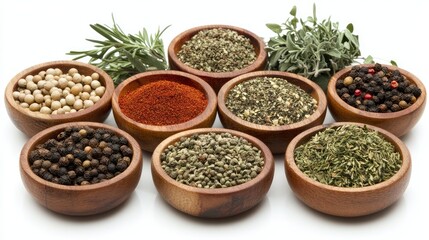 Poster - Colorful array of spices and herbs in wooden bowls with fresh green ingredients on a white background showcasing culinary diversity and rich textures.
