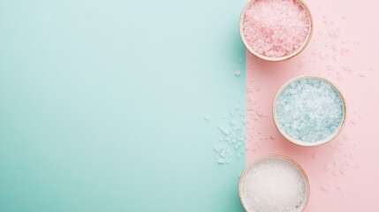 Aufkleber - Sodium Hydroxide and Potassium Salts in Stylish Bowls on Trendy Colored Background for Spa Bathroom Aesthetic with Space for Text