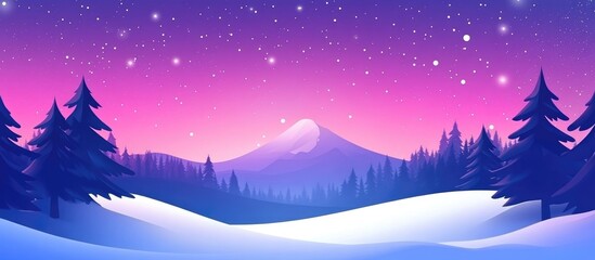 Poster - Vibrant Aurora Borealis Lighting Up a Snowy Mountain Landscape Under Purple and Pink Sky with Evergreen Trees and Space for Text