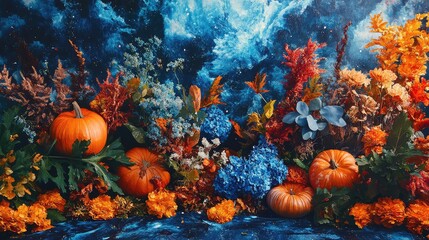 Poster - Autumn Floral Display in Bold Cerulean and Tangerine Color Palette with Pumpkins and Botanical Elements Against Textured Blue Background