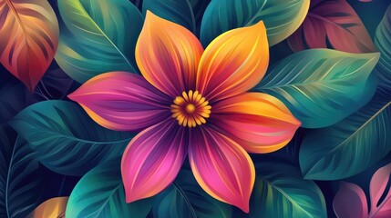 Poster - Vibrant abstract floral design featuring colorful petals and artistic green leaves creating a lively nature-inspired composition