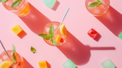 Poster - Refreshing summer drinks featuring colorful cocktails and ice cubes on a pink backdrop with mint leaves and straws celebrating warm weather vibes.