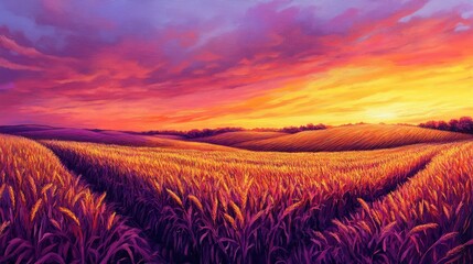 Poster - Vivid Autumn Sunset with Rich Orange and Purple Skies Above Lush Golden Cornfields in a Serene Rural Landscape