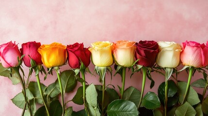 Poster - Assorted Colorful Roses with Green Leaves Against a Soft Pink Background
