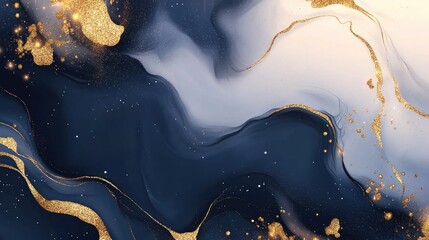 Poster - Elegant abstract dark marble texture with ripples featuring golden sparkles and blue liquid acrylic paint for sophisticated designs