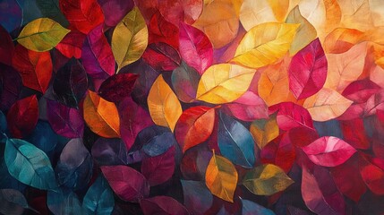 Aufkleber - Vibrant Autumn Leaves in Warm Colors Displayed Against a Softly Lit Background in Shades of Red Orange Yellow and Purple