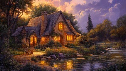 Poster - A Cozy Stone Cottage by the River at Sunset