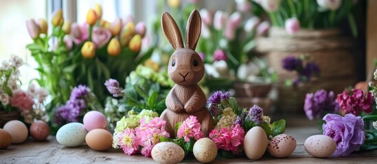 Aufkleber - Wooden bunny centerpiece adorned with spring flowers and pastel eggs on rustic table ideal for farmhouse style Easter decor