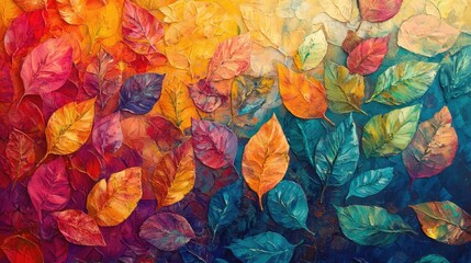 Poster - Vibrant Multicolored Autumn Leaves in Rich Red Orange Yellow and Green Tones Against a Textured Background of Nature's Palette