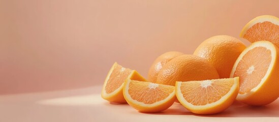 Poster - Vibrant assortment of fresh oranges including whole fruits and a variety of slices displayed on a soft peach background with ample copy space