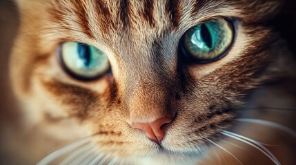 Poster - Striking close-up of a vibrant cat showcasing its unique fur patterns and captivating blue-green eyes against a soft background