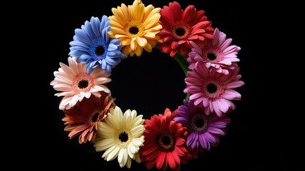 Poster - Vibrant circular arrangement of assorted gerbera flowers on a black background showcasing color and floral diversity