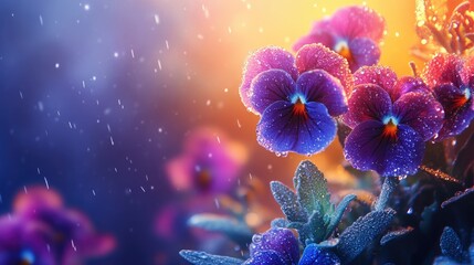 Aufkleber - Vibrant Pansies with Raindrops in Colorful Garden Setting Perfect for Nature Themes and Copy Space Use
