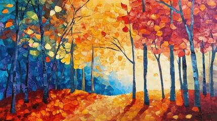Poster - Vibrant Autumn Landscape with Colorful Fallen Leaves and Tall Trees in Shades of Orange, Yellow, and Deep Blue on a Bright Pathway