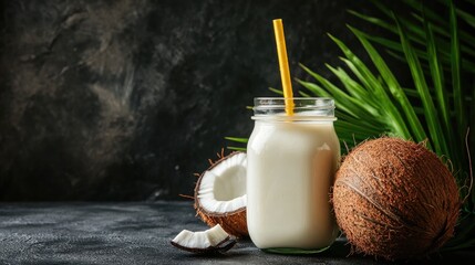 Aufkleber - Fresh coconut milk in a mason jar with yellow straw surrounded by whole and halved coconuts on a dark textured background with green leaves