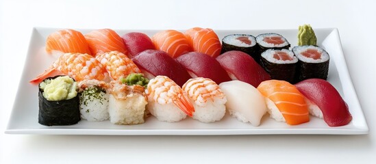 Poster - Colorful assortment of sushi and sashimi beautifully arranged on a white plate in a contemporary dining setting with clean background for text placement