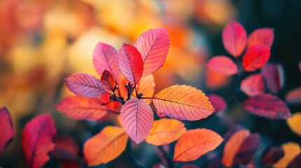Poster - Stunning close-up of vibrant red and orange autumn leaves against a softly blurred background in a tranquil forest setting.