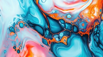 Poster - Colorful abstract painting with flowing organic shapes and vibrant hues of blue, orange, and pink creating a dynamic visual impression.
