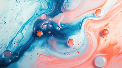 Fototapete - Vibrant Abstract Blue and Coral Fluid Art Background with Bubbles and Swirls