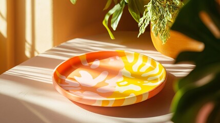 Wall Mural - A glowing reusable picnic plate styled with bold modern patterns on a light surface. picture