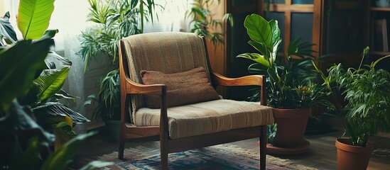 Poster - Cozy wooden armchair in a stylish living room surrounded by vibrant houseplants perfect for home decor inspiration and interior design ideas